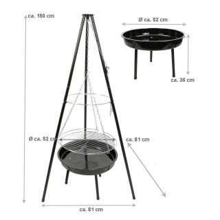 Schwenk-Grill mit Feuerschale, Dreibein Holzkohlegrill, Höhe ca. 150 cm, Grillfläche und Feuerschale je Ø ca. 52 cm
