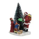Retro-Weihnachtsmann mit Geschenken, 2 Kinder mit Wunschzettel, schneebedeckte Tanne auf weißem Grund, frei stehende Figur