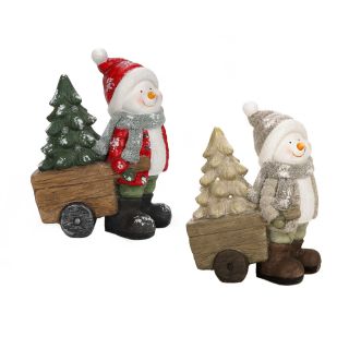 Weihnachtsfigur Schneemann mit Beleuchtung, Schnee bedeckte Weihnachtsskulptur zieht Handwagen mit beleuchtetem Christbaum, Batteriebetrieb