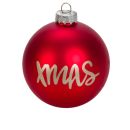 12-tlg. Set Dekors-Christbaumkugeln, Echt-Glas Weihnachtskugeln Ø ca. 8 cm, mattglänzend, in rot mit goldener Aufschrift XMAS, inkl. Aufhangösen und Aufhänger-Bändchen in gold