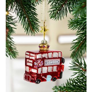 Christbaumschmuck mit Aufhänger, englischer Doppeldecker-Bus dekoriert mit UK-Flagge, London-Aufschrift, Palastwache mit Bärenfellmütze plus Königs-Krone