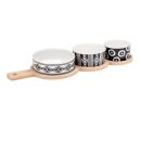 Tapas-Set, 4 Teile,  Servier-Set mit 3 verschiedenen Keramik-Schalen, schwarz-weiß gemustert, spülmaschinenfest und Mikrowelle geeignet plus Bambus-Tablett
