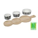Tapas-Set, 4 Teile,  Servier-Set mit 3 verschiedenen Keramik-Schalen, schwarz-weiß gemustert, spülmaschinenfest und Mikrowelle geeignet plus Bambus-Tablett