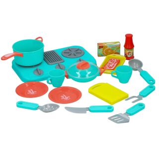 Küchenspielzeug, Herd mit 3 Platten und Drehschaltern, 2 Töpfe, 2 Teller, 2 Tassen, 5 Küchenwerkzeuge