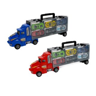 Spielzeug-LKW mit Anhänger und Tragegriff, Truck mit 6 Sportwagen, Zugmaschine plus 2-stöckiger Autotransporter mit 12 Stellplätzen, beidseitig beladbar