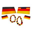 Deutschland 6-er Set Fanartikel, 1x Deutschland-Fahne, 2x Autofensterfahnen, 2x Hawaii-Ketten und 1x Flaggen-Cape mit Ärmel und Daumenschlaufen