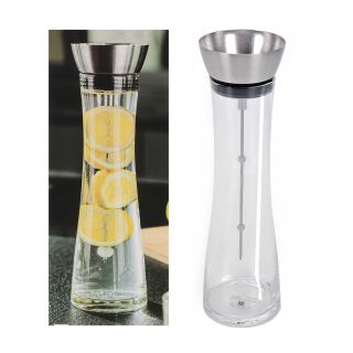 Glas-Wasserkaraffe Vol. ca. 1 Liter mit Edelstahl-Deckel und Fruchtspieß inkl. Spülbürste, automatisch öffnender und verschließbarer Ausgießer