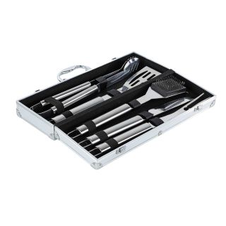 Edelstahl Grillbesteck, 5-tlg, im Aluminium-Koffer, Pfannenwender, Zange, Messer, Gabel und Grillbürste