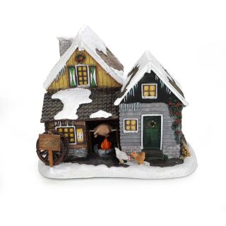 Weihnachtlich geschmückte Geflügel-Farm im Schnee aus Polyresin, mit Beleuchtung, Rotation, Flammen-Effekt, Batteriebetrieb
