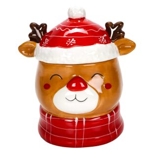 Weihnachtliche Vorratsdose, Elch Rudolf Rotnase in 3D-Optik, abnehmbarer Deckel, Weihnachtsdeko, Tischdeko für Weihnachten, (H) ca. 16,5 cm, Keramik