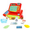 Kinder-Spielzeug-Registrierkasse, 24 Teile, Spielzeugkasse mit Ton- und Rechenfunktion, Geldfach, Spielgeld, Scheckkarte, Coupons, Waren und Einkaufskorb, Batteriebetrieb