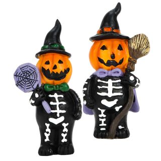 2-er Set kleines Kürbis-Skelett, handbemalt, für Halloween, Jack-O-Lantern Deko-Kürbis mit schwarz/weißem Skelett-Anzug, Hexenhut, Spinnweben-Lolli bzw. Hexen-Besen, Polyresin, Größe je (HxB) ca. 11,5 x 5,5 cm
