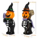 2-er Set kleines Kürbis-Skelett, handbemalt, für Halloween, Jack-O-Lantern Deko-Kürbis mit schwarz/weißem Skelett-Anzug, Hexenhut, Spinnweben-Lolli bzw. Hexen-Besen, Polyresin, Größe je (HxB) ca. 11,5 x 5,5 cm