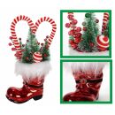 Beleuchteter Nikolausstiefel, Weihnachtsdeko mit 20 LEDs, 5 Weihnachtsbäumen, roten Beeren & 2 Plüsch-Lutschstangen