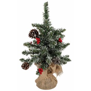 Künstlicher Weihnachtsbaum, beleuchtet von 15 LEDs warmweiß, mit 5 Tannenzapfen, 5 Dolden mit je 5 künstlichen roten Beeren, verschneite Optik, Fuß im Sisalsack, Batteriebetrieb, IP 44