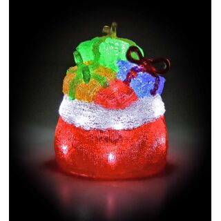 Acryl Geschenkesack mit bunten Päckchen, beleuchtet mit 20 LEDs kaltweiß, 6 Std.-Timer, für Indoor & Outdoor, Batteriebetrieb
